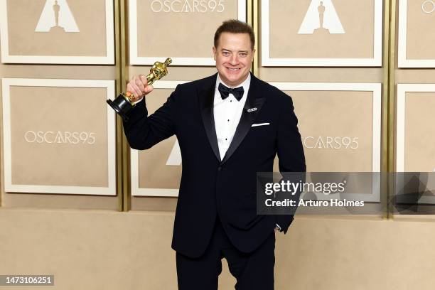 Brendan Fraser, winner of the Best Actor in a Leading Role award for "The Whale," poses in the press room during the 95th Annual Academy Awards on...