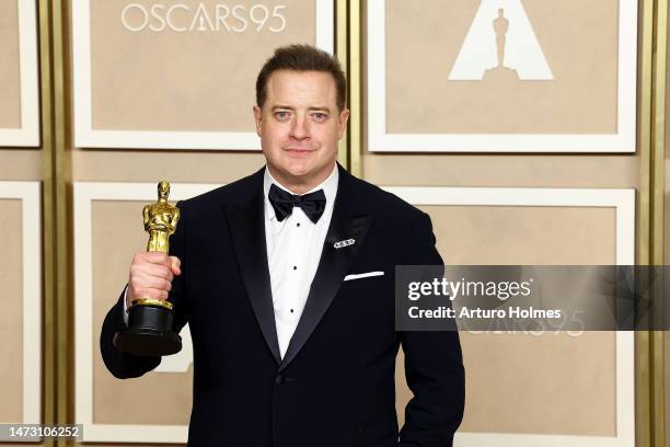 Brendan Fraser, winner of the Best Actor in a Leading Role award for "The Whale," poses in the press room during the 95th Annual Academy Awards on...