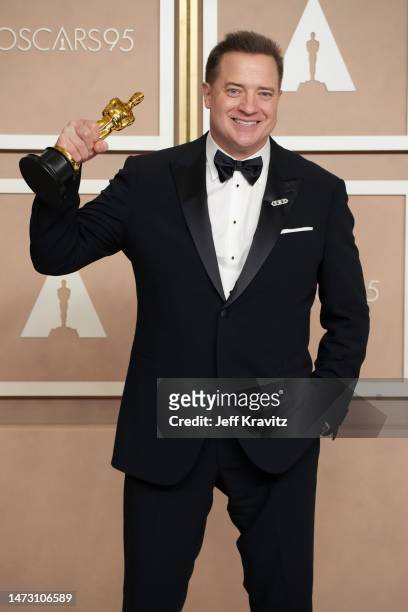 Brendan Fraser, winner of the Best Actor in a Leading Role award for "The Whale", poses in the press room at the 95th Annual Academy Awards at...