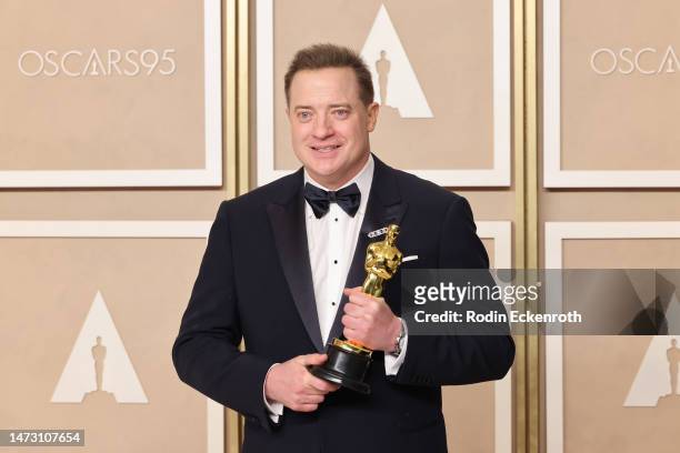 Brendan Fraser, winner of the Best Actor in a Leading Role award for ’The Whale’ poses in the press room during the 95th Annual Academy Awards at...
