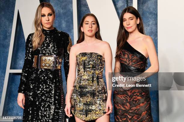 Este Haim, Alana Haim, and Danielle Haim attend the 2023 Vanity Fair Oscar Party Hosted By Radhika Jones at Wallis Annenberg Center for the...