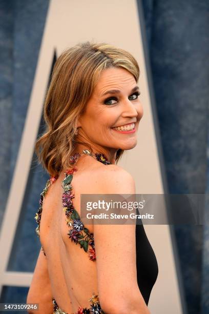 Savannah Guthrie arrives at the Vanity Fair Oscar Party Hosted By Radhika Jones at Wallis Annenberg Center for the Performing Arts on March 12, 2023...