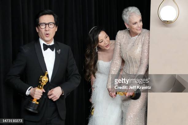 Ke Huy Quan, winner of the Best Actor In A Supporting Role award, Michelle Yeoh, winner of the Best Actress in a Leading Role award and Jamie Lee...