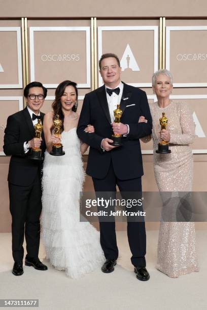 Ke Huy Quan, winner of the Best Actor In A Supporting Role award, Michelle Yeoh, winner of the Best Actress in a Leading Role award, Brendan Fraser,...