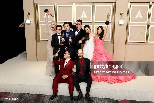 Jamie Lee Curtis, winner of the Best Supporting Actress award, Ke Huy Quan, winner of the Best Actor In A Supporting Role award, James Hong, Jonathan...