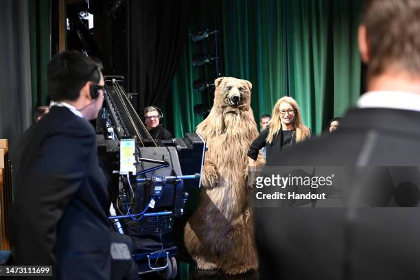 In this handout photo provided by A.M.P.A.S., Cocaine Bear is seen backstage during the 95th Annual Academy Awards on March 12, 2023 in Hollywood,...