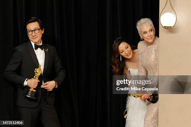 Ke Huy Quan, winner of the Best Actor In A Supporting Role award, Michelle Yeoh, winner of the Best Actress in a Leading Role award and Jamie Lee...