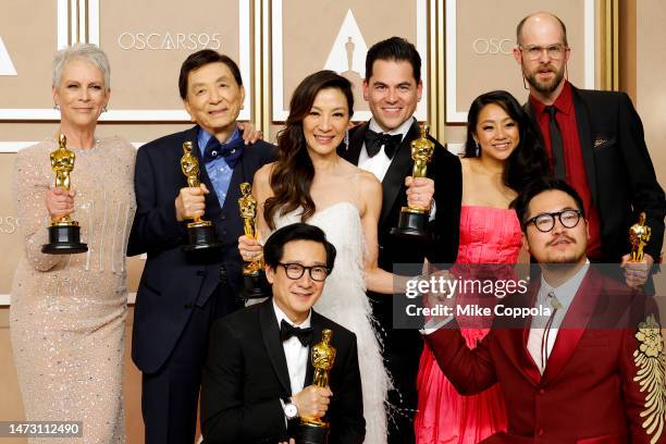 Jamie Lee Curtis, winner of the Best Supporting Actress award, James Hong, Michelle Yeoh, winner of the Best Actress in a Leading Role award,...