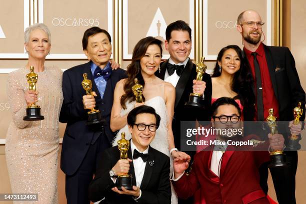 Jamie Lee Curtis, winner of the Best Supporting Actress award, James Hong, Michelle Yeoh, winner of the Best Actress in a Leading Role award,...