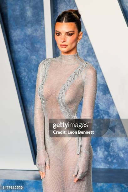 Emily Ratajkowski attends the 2023 Vanity Fair Oscar Party Hosted By Radhika Jones at Wallis Annenberg Center for the Performing Arts on March 12,...