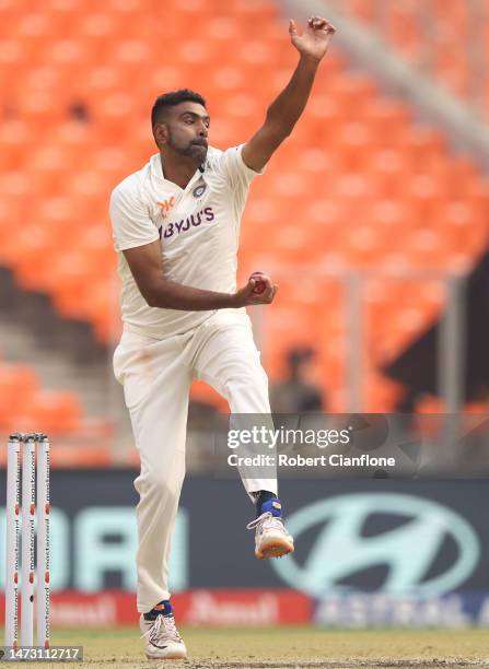 Ravichandran Ashwin of India bowls during day five of the Fourth Test match in the series between India and Australia at Narendra Modi Stadium on...