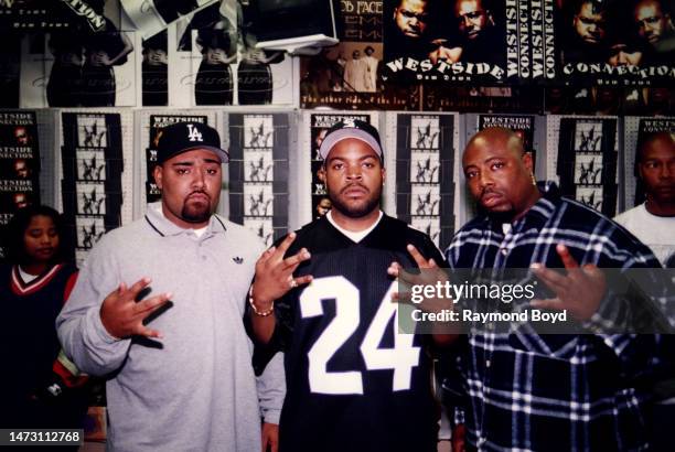 Rappers Mack 10 , Ice Cube and WC of Westside Connection poses for photos at George's Music Room in Chicago, Illinois in October 1996.