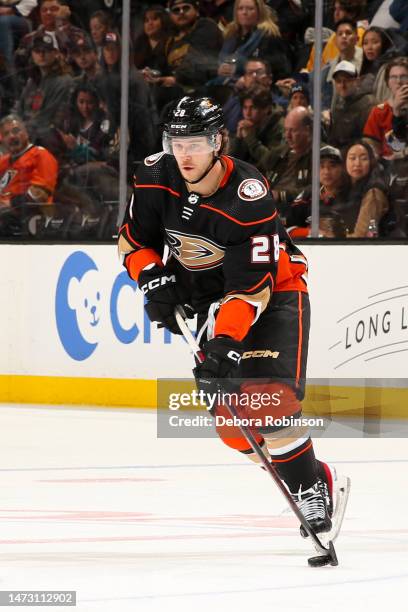 Nathan Beaulieu of the Anaheim Ducks skates with the puck during the third period against the Nashville Predators at Honda Center on March 12, 2023...