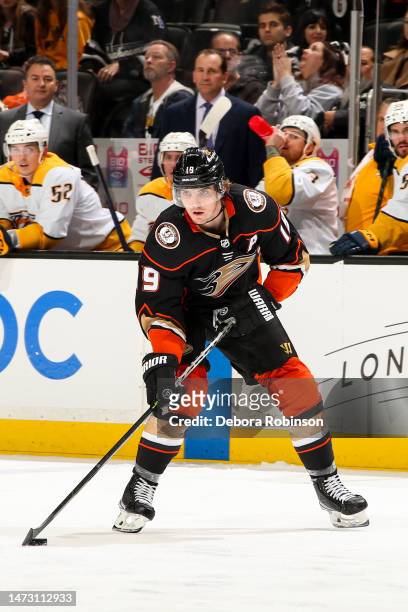Troy Terry of the Anaheim Ducks skates with the puck during the third period against the Nashville Predators at Honda Center on March 12, 2023 in...