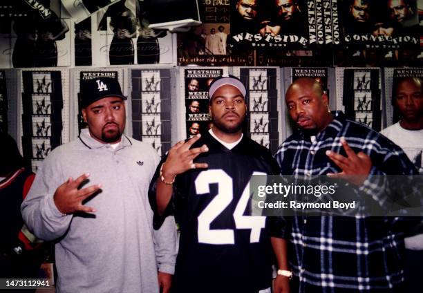 Rappers Mack 10 , Ice Cube and WC of Westside Connection poses for photos at George's Music Room in Chicago, Illinois in October 1996.