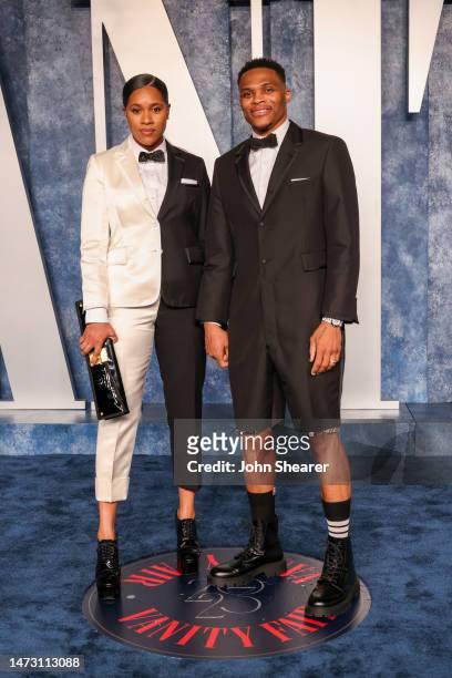 Nina Earl and Russell Westbrook attend the 2023 Vanity Fair Oscar Party Hosted By Radhika Jones at Wallis Annenberg Center for the Performing Arts on...