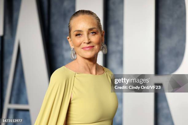 Sharon Stone attends the 2023 Vanity Fair Oscar Party Hosted By Radhika Jones at Wallis Annenberg Center for the Performing Arts on March 12, 2023 in...