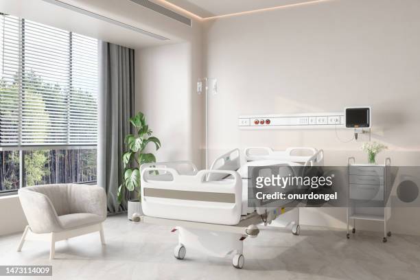 interior de la habitación de hospital de lujo moderno con cama vacía, sillón y planta en maceta - hospital ward fotografías e imágenes de stock