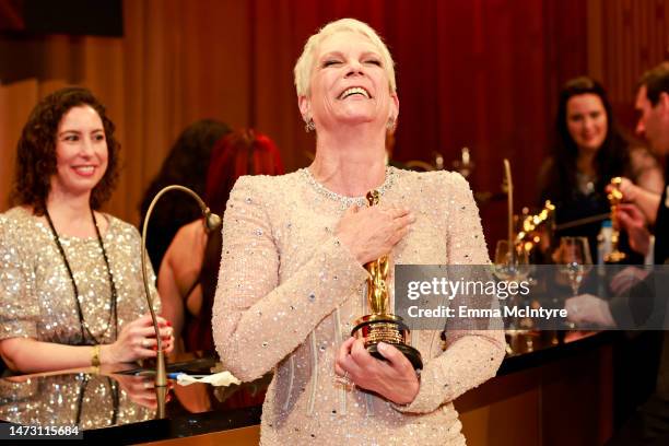 Jamie Lee Curtis, winner of the Best Supporting Actress award for "Everything Everywhere All at Once," attends the Governors Ball during the 95th...