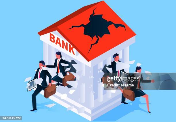 ilustrações de stock, clip art, desenhos animados e ícones de banking finance and savings crisis, financial investment and loan risks, etc. isometric businessmen running from inside the destroyed banks - accidents and disasters