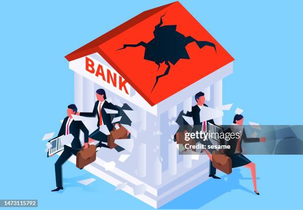 banking finance and savings crisis, financial investment and loan risks, etc. isometric businessmen running from inside the destroyed banks - failure stock illustrations