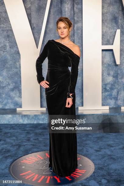 Shailene Woodley attends the 2023 Vanity Fair Oscar Party Hosted By Radhika Jones at Wallis Annenberg Center for the Performing Arts on March 12,...