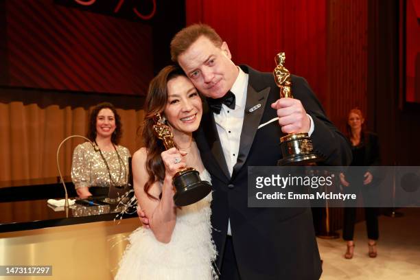 Michelle Yeoh, winner of the Best Actress in a Leading Role award for "Everything Everywhere All At Once," and Brendan Fraser, winner of the Best...