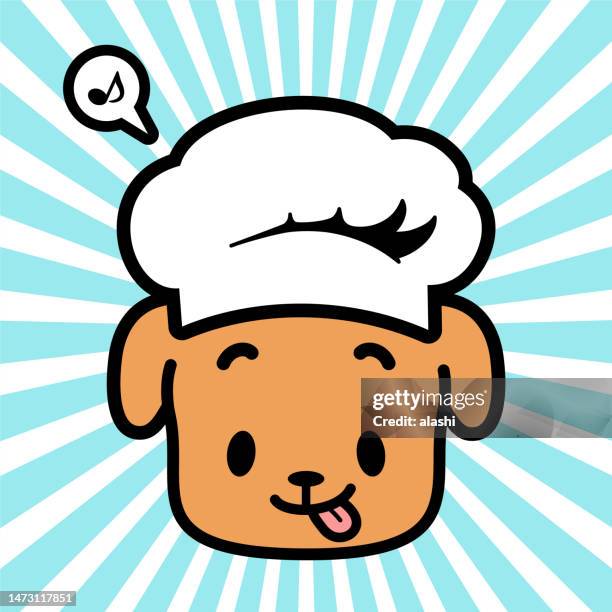 niedliches charakterdesign des labrador-retriever-hundes, der eine kochmütze trägt und eine zunge herausstreckt - hundeknochen stock-grafiken, -clipart, -cartoons und -symbole