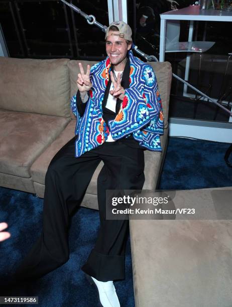 Justin Bieber attends the 2023 Vanity Fair Oscar Party Hosted By Radhika Jones at Wallis Annenberg Center for the Performing Arts on March 12, 2023...