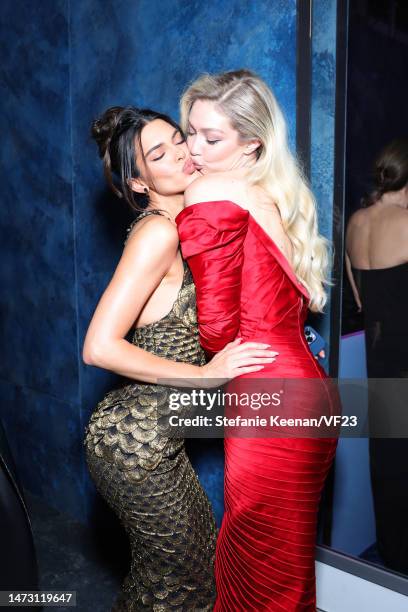 Kendall Jenner and Gigi Hadid attend the 2023 Vanity Fair Oscar Party Hosted By Radhika Jones at Wallis Annenberg Center for the Performing Arts on...