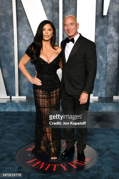 Lauren Sanchez and Jeff Bezos attend the 2023 Vanity Fair Oscar Party Hosted By Radhika Jones at Wallis Annenberg Center for the Performing Arts on...