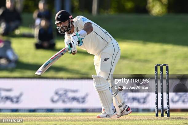 Daryl Mitchell of New Zealand bats during day five of the First Test match in the series between New Zealand and Sri Lanka at Hagley Oval on March...