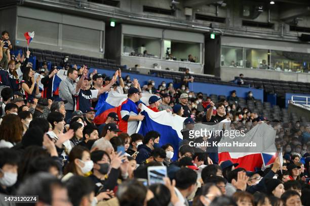 Czech Republic fans cheer during the World Baseball Classic Pool B game between Australia and Czech Republic at Tokyo Dome on March 13, 2023 in...
