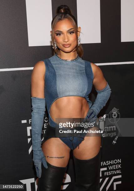 Singer DaniLeigh attends the Model Experience Los Angeles Fashion Week Festival at Barker Hangar on March 12, 2023 in Santa Monica, California.