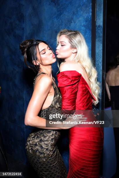 Kendall Jenner and Gigi Hadid attend the 2023 Vanity Fair Oscar Party Hosted By Radhika Jones at Wallis Annenberg Center for the Performing Arts on...