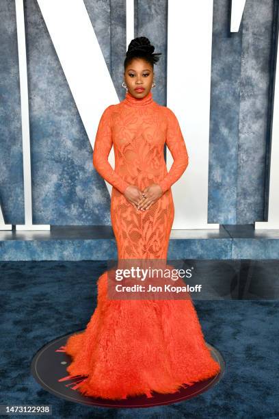 Dominique Fishback attends the 2023 Vanity Fair Oscar Party Hosted By Radhika Jones at Wallis Annenberg Center for the Performing Arts on March 12,...