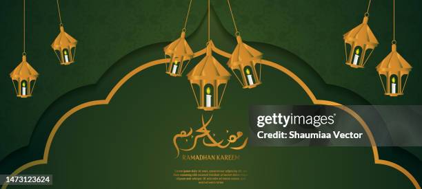 islamic mosque with moon, stars, lanterns and clouds at night. ramadan kareem greeting banner template vector with gold and green colours - arabic calligraphy stock illustrations