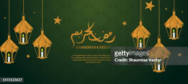 islamic mosque with moon, stars, lanterns and clouds at night. ramadan kareem greeting banner template vector with gold and green colours - muslims celebrate eid al adha stock illustrations