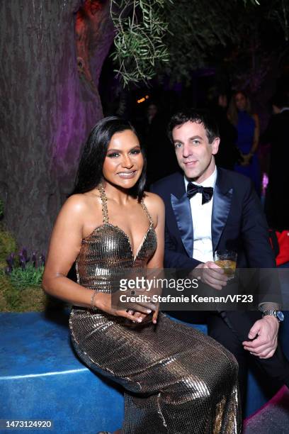 Mindy Kaling and B. J. Novak attend the 2023 Vanity Fair Oscar Party Hosted By Radhika Jones at Wallis Annenberg Center for the Performing Arts on...