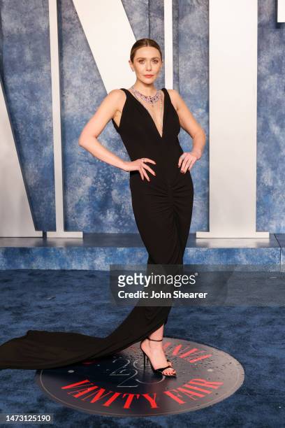 Elizabeth Olsen attends the 2023 Vanity Fair Oscar Party Hosted By Radhika Jones at Wallis Annenberg Center for the Performing Arts on March 12, 2023...