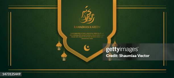 islamic mosque with moon, stars, lanterns and clouds at night. ramadan kareem greeting banner template vector with gold and green colours - arabic calligraphy stock illustrations