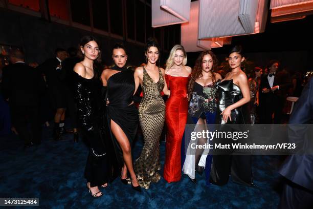 Lily Aldridge, Anastasia Karanikolaou, Kendall Jenner, Gigi Hadid, Alana O'Herlihy, and Kylie Jenner attend the 2023 Vanity Fair Oscar Party Hosted...