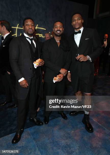Jonathan Majors, Michael B. Jordan, and Russell Westbrook attend the 2023 Vanity Fair Oscar Party Hosted By Radhika Jones at Wallis Annenberg Center...