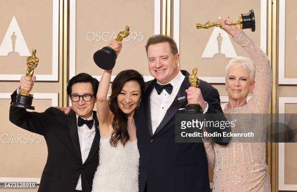 Ke Huy Quan, winner of Best Actor in a Supporting Role award for ‘Everything Everywhere All at Once,’ Michelle Yeoh, winner of the Best Actress in a...