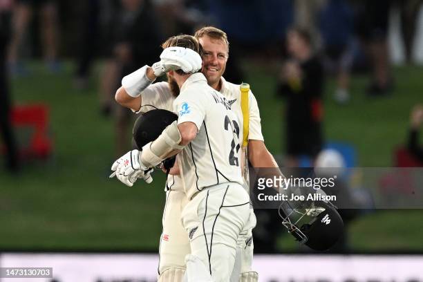 Neil Wagner of New Zealand celebrates with Kane Williamson of New Zealand after winning the First Test match in the series between New Zealand and...