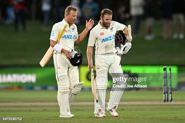 Neil Wagner of New Zealand celebrates with Kane Williamson of New Zealand after winning the First Test match in the series between New Zealand and...