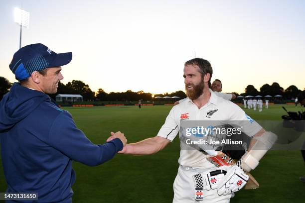 Kane Williamson of New Zealand is congratulated by Tom Latham of New Zealand after winning the First Test match in the series between New Zealand and...