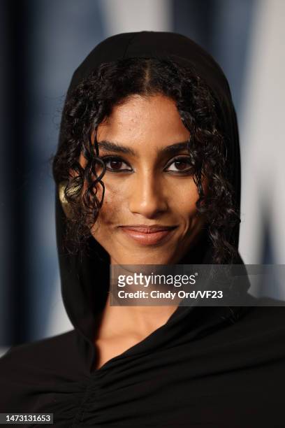 Imaan Hammam attends the 2023 Vanity Fair Oscar Party Hosted By Radhika Jones at Wallis Annenberg Center for the Performing Arts on March 12, 2023 in...