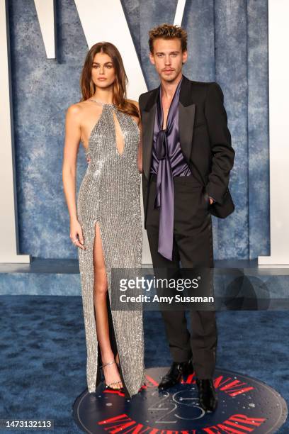 Kaia Gerber and Austin Butler attend the 2023 Vanity Fair Oscar Party Hosted By Radhika Jones at Wallis Annenberg Center for the Performing Arts on...