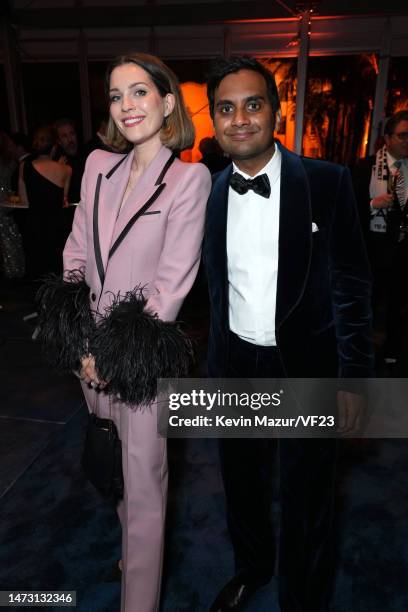 Serena Skov Campbell and Aziz Ansari attend the 2023 Vanity Fair Oscar Party Hosted By Radhika Jones at Wallis Annenberg Center for the Performing...